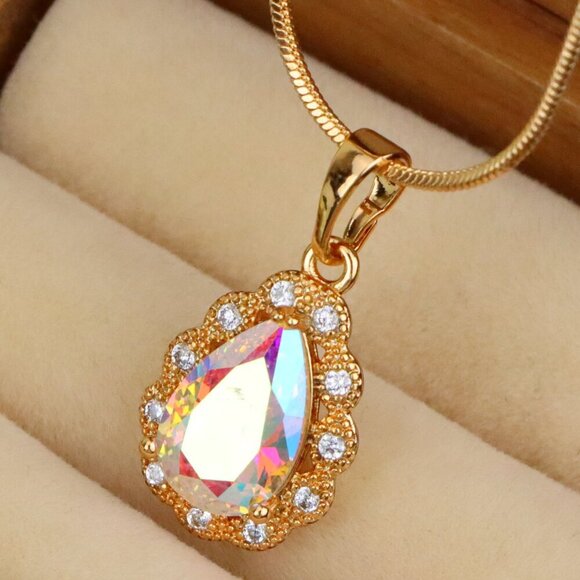 "Elegant Teardrop Rose Gold Pendant with Iridescent Stone Accent, XPPT1515 - Picture 1 of 11